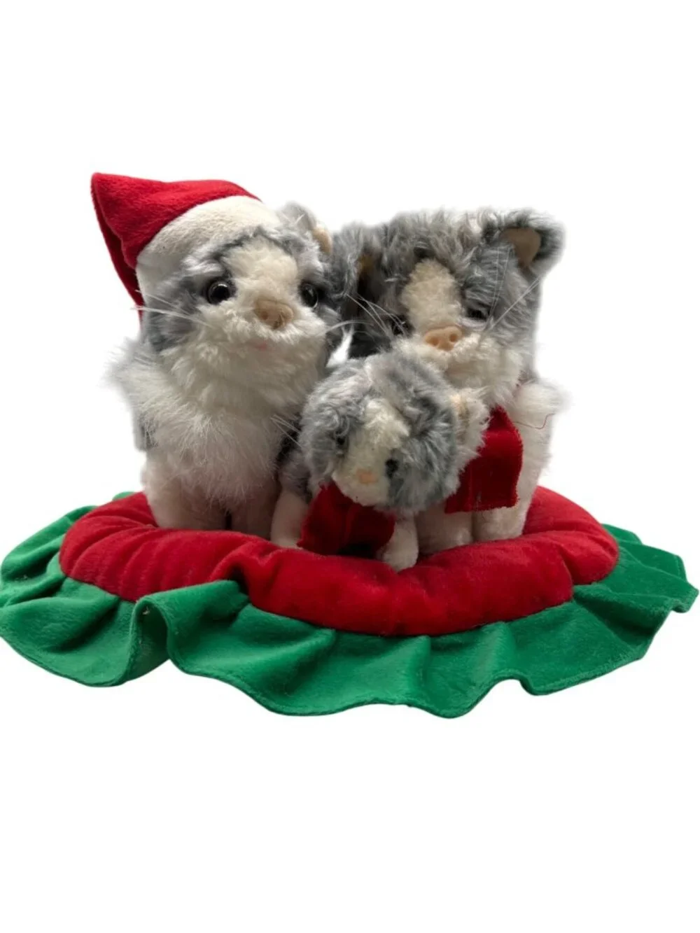 Santa Hat Kittens cat family Red Green ruffle Christmas figurine plush READ